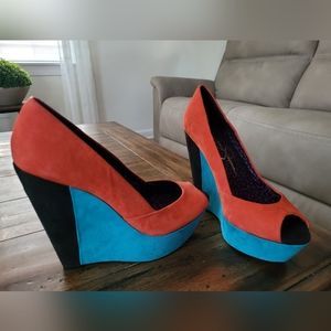 Jessica Simpson Peep Toe Wedges 7.5 BRAND NEW Blood Orange,  Blue Teal,& Black